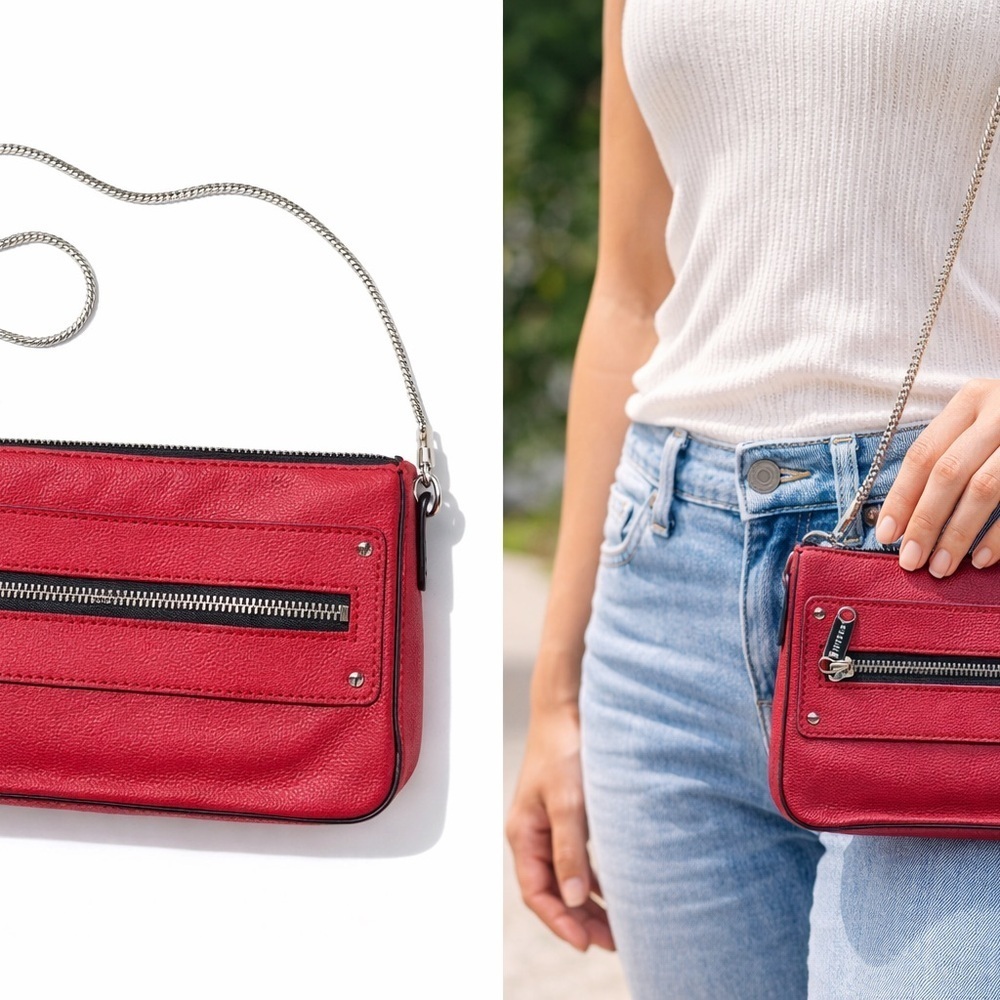 Milly Red Leather Crossbody Bag – Chain Strap – Zip Pockets